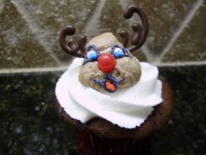 Reindeer cupcake figure piped with chocolate antlers
