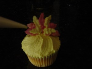 piping turkey feather on nilla wafer for turkey cupcakes