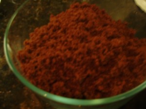 Chocolate Cake Crumbs in a mixing bowl for Cake Balls