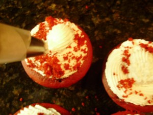 Red Velvet Cupcake Heart Being Figure Piped Step 1
