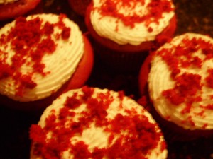 Red Velvet Cupcakes With Red Velvet cake crumbs sprinkled on top
