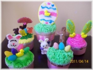 Easter cupcakes displayed on table