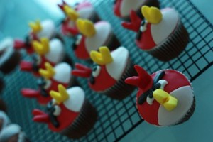 Set of Angry Birds Cupcakes on Baking Sheet