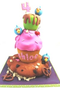 Jumbo cupcake with whimsical birds and number 4